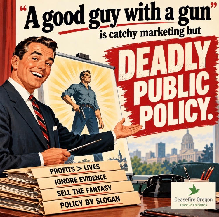 Retro-style poster from the Ceasefire Oregon Education Foundation: a smiling 1950s ad man points to a poster of a man with a handgun under the words "A good guy with a gun is catchy marketing but deadly public policy." Folders on his desk read "Profits > Lives," "Ignore evidence," "Sell the fantasy" and "Policy by slogan."