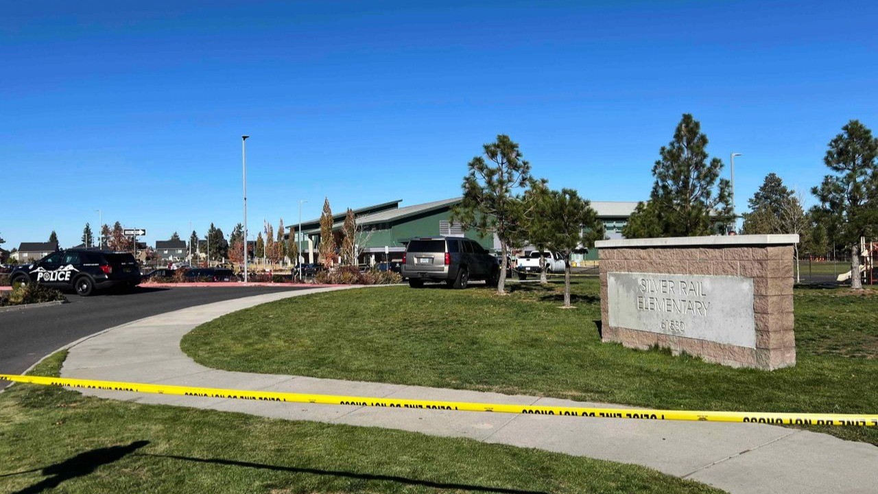 Police tape across the entrance to Silver Rail Elementary School in Bend, Oregon